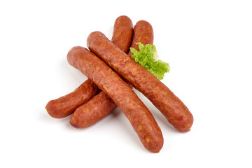 Long thin smoked sausages, isolated on white background