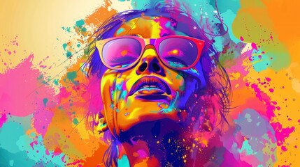 illustration of person with glasses celebrating Holi hai with bright colored smoke