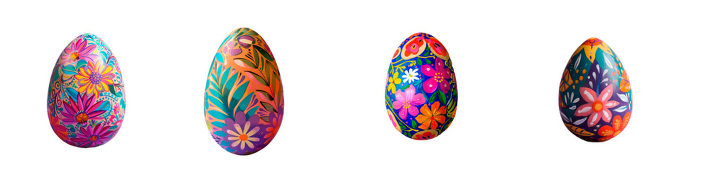 A set of four intricately hand-painted Easter eggs, each with a unique floral design, isolated on a transparent background.