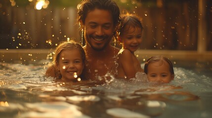a man and three children are swimming in a pool