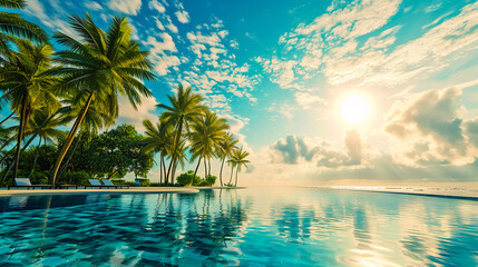 Stunning landscape, swimming pool blue sky with clouds. Tropical resort hotel in Maldives.
