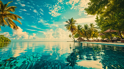 Fototapeta na wymiar Stunning landscape, swimming pool blue sky with clouds. Tropical resort hotel in Maldives.