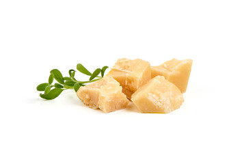 Parmesan cheese chunks, hard cheese, isolated on white background