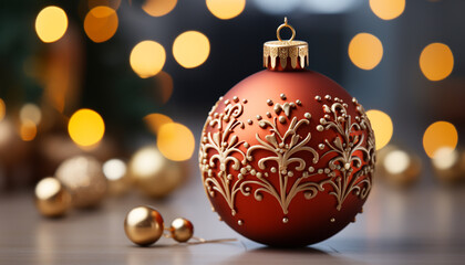 Fototapeta na wymiar Shiny gold ornament illuminates Christmas tree, glowing with festive cheer generated by AI