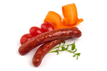 Roasted bavarian sausages, isolated on white background