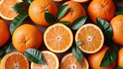 a group of oranges with green leaves on top of them, with one cut in half and the other sliced in half.