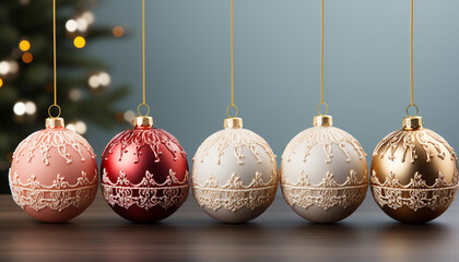A glowing gold ornament decorates the Christmas tree backdrop generated by AI