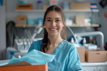 Dentist patient happily displaying perfect smile in clinic with medical equipment