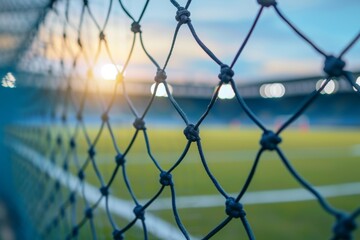 Blurred stadium and field pitch seen from behind the goal a soccer or football net in sight