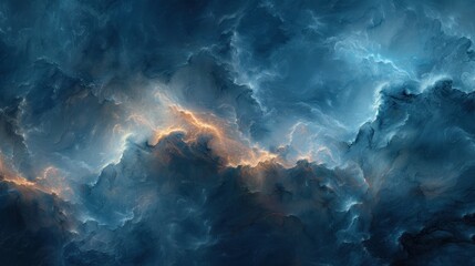 a painting of a blue and orange cloud with a yellow light in the center of the picture and the sky in the background.