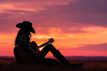 Naklejka premium Cowgirl playing guitar with sunset