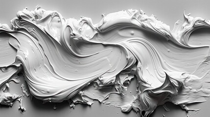 a piece of art that looks like a wave of white paint on a gray surface with a black and white background.