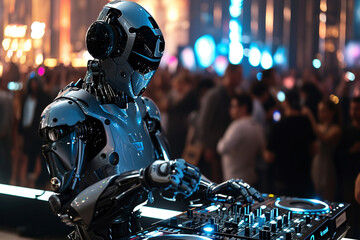 robot in the night club, dj, singer, blurred background. Artificial intelect in future life. AI Generated	