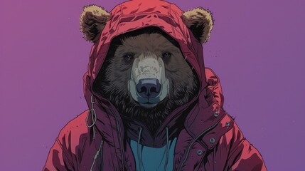 a drawing of a bear wearing a red jacket and a hoodie over it's head with a purple background.