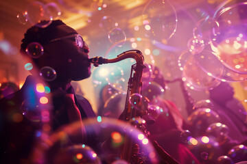 musician playing a saxophone in a colorful room, filled with bubbles  - obrazy, fototapety, plakaty