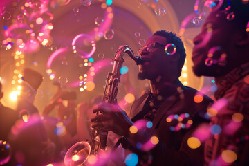 musician playing a saxophone in a colorful room, filled with bubbles 