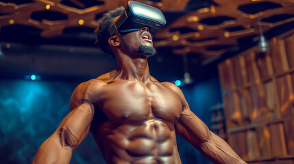 Fototapeta na wymiar VR-equipped black athlete maximizes workout efficiency in modern gym
