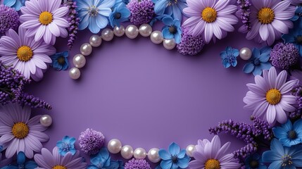 a purple background with blue and purple flowers and pearls on the bottom of the frame, and a white pearl necklace on the bottom of the frame.