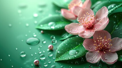 two pink flowers with green leaves and drops of water on a green surface with green leaves and drops of water on the surface.