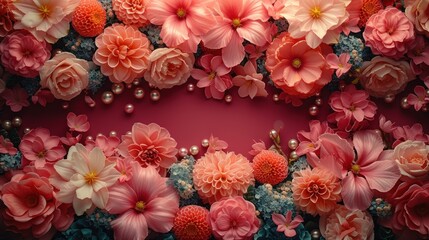 a bunch of flowers that are in the middle of a red background with pearls on the bottom of the flowers.