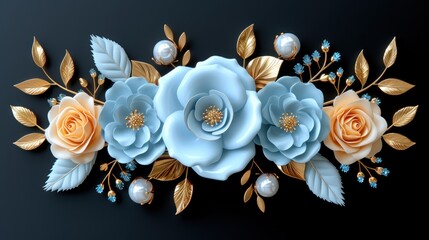 a close up of a bunch of flowers with leaves on a black background with pearls and pearls on the bottom of the flowers.