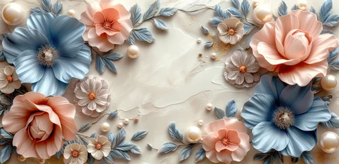 Foto op Plexiglas a close up of a cake decorated with flowers and pearls on a white cake with blue and pink flowers on it. © Shanti