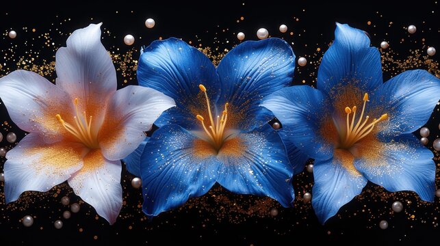 three blue and white flowers on a black background with pearls and pearls on the bottom of the flowers and on the bottom of the flowers.
