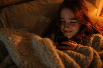A happy laughing girl looking at a mobile phone sitting on the living room sofa
