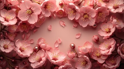 a bunch of pink flowers on a pink background with a pearl in the middle of the middle of the frame.