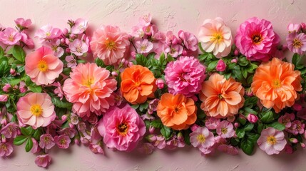 a group of pink and orange flowers on a pink wall with green leaves and flowers on the side of the wall.