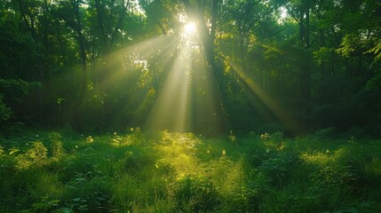 the sun shines brightly through the trees in a lush green forest filled with tall grass and tall, green trees.