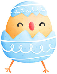 Cute Easter chick in egg, watercolor illustration