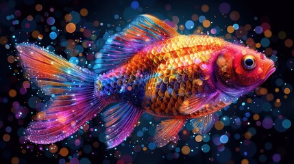 a close up of a colorful fish on a black background with a lot of small circles of light around it.