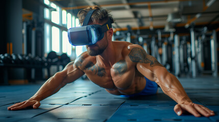 Fototapeta premium Athlete in VR glasses pushes fitness boundaries with virtual training machines