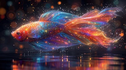 a close up of a fish on a body of water with a lot of light coming from the side of it. - obrazy, fototapety, plakaty