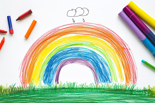 Colorful rainbow over a green meadow 4 year old's simple scribble colorful juvenile crayon outline drawing