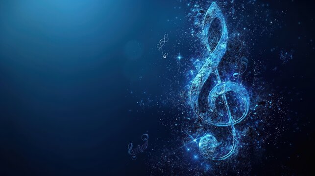 a blue background with a treble and music notes in the middle of the image and a blue background with a treble and music notes in the middle of the image.