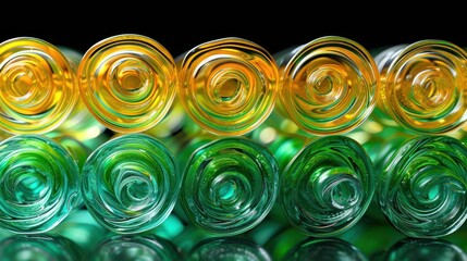 a group of green and yellow swirls sitting in front of a black background of green and yellow swirls.
