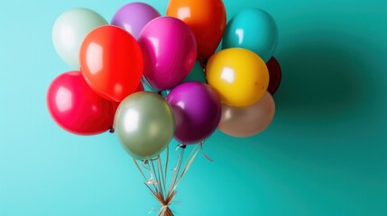 a bunch of multicolored balloons floating on top of a teal blue wall in the shape of a heart.