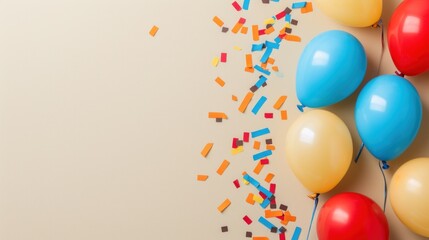 a group of balloons with confetti and streamers on a beige background with blue, yellow, and red balloons.