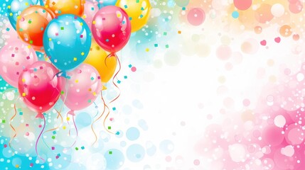 a bunch of balloons floating in the air on a blue, pink, yellow, and green background with bubbles.