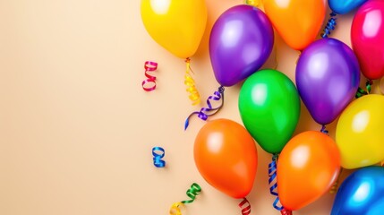 a group of colorful balloons with streamers and confetti on a beige background with a happy birthday message.