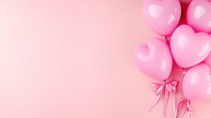 a bunch of pink heart - shaped balloons on a pink background with a bow on the end of the balloon.