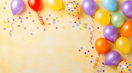 a group of balloons with streamers and confetti on a yellow background with confetti and streamers.