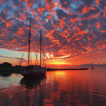 Vibrant Sunset Skies Over Serene Marina with Sailboats