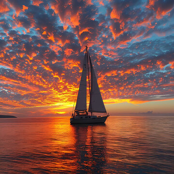 Majestic Sailing Yacht Under Fiery Sunset Sky
