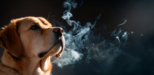 A tranquil dog inhaling deeply, its breath visible against a stark, dark backdrop, embodies calmness, introspection, and the profound essence of mindfulness and being present in the moment. - obrazy, fototapety, plakaty