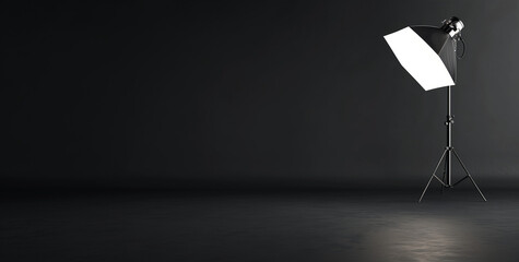 Eine Studioleuchte oder Softbox in einem Fotostudio vor grau schwarzen Photohintergrund als Hintergrundbild oder Banner