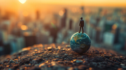 Spielzeug Mann steht auf einer miniatur-Erde auf einem Stein als Makro fotografiert und eine Stadt als Bokeh oder Blur im Hintergrund das Bild steht für globalen Einfluss - obrazy, fototapety, plakaty