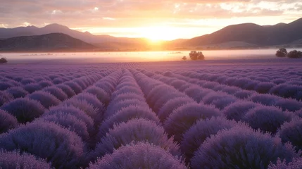 Papier Peint photo Aubergine a large field of lavender flowers with the sun setting in the distance in the distance, with mountains in the background.